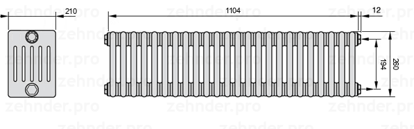 Схема (чертеж) Радиатор Zehnder Charleston 6026/24 №7610 Белый глянцевый RAL 9016